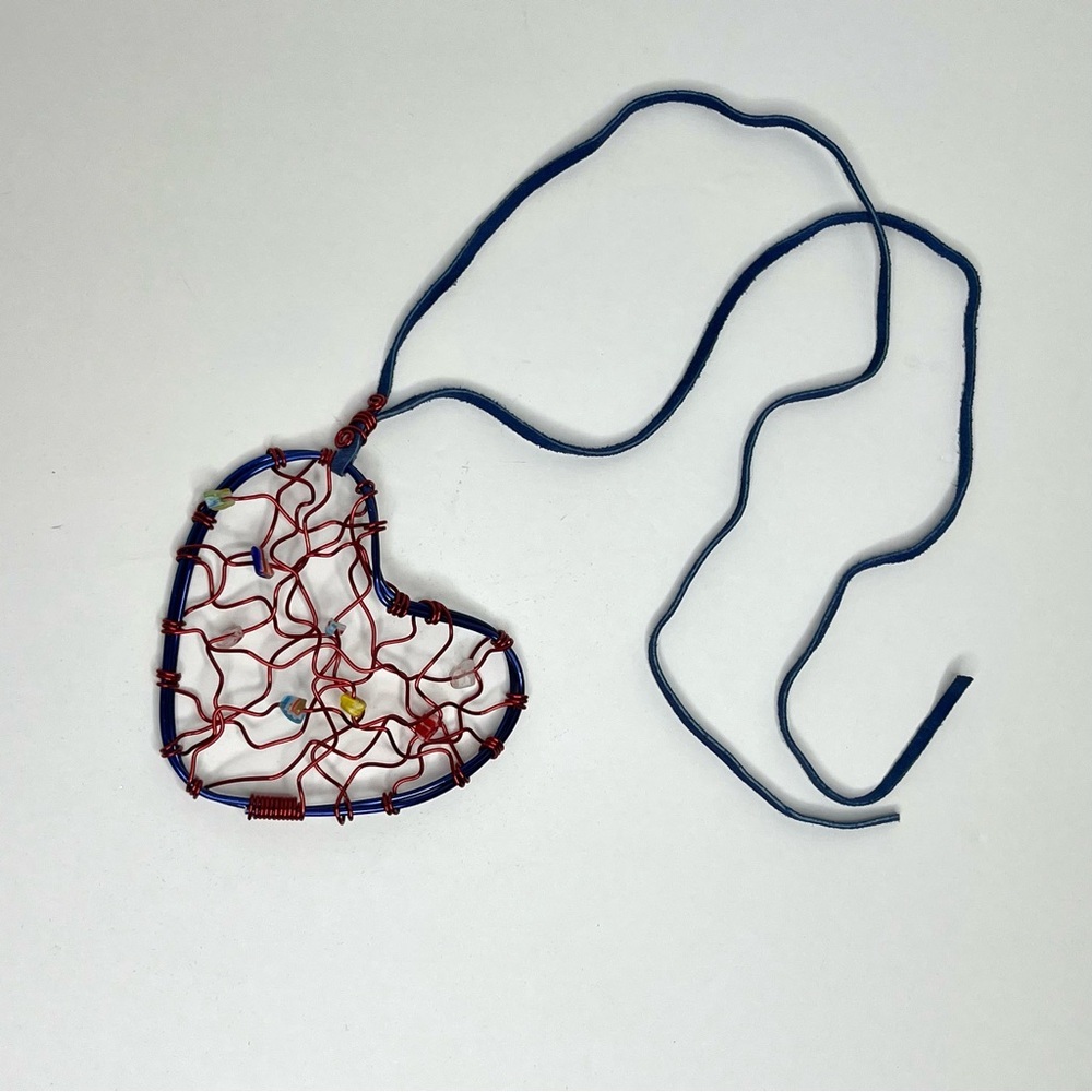 Handmade Blue Wire Heart Pendant with Multicolor Gemstones on Blue Leather Cord - Picture 2 of 3